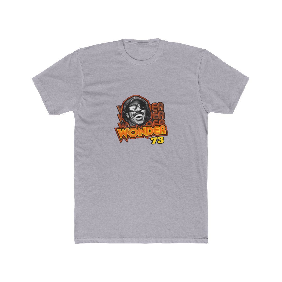 Black T Shirt featuring a graphic of Stevie Wonder wearing a black hat and sunglasses. The graphic is surrounded by the text "Stevie Wonder" in yellow and orange lettering with a star and the number... - alternate angle 2, merchandise
