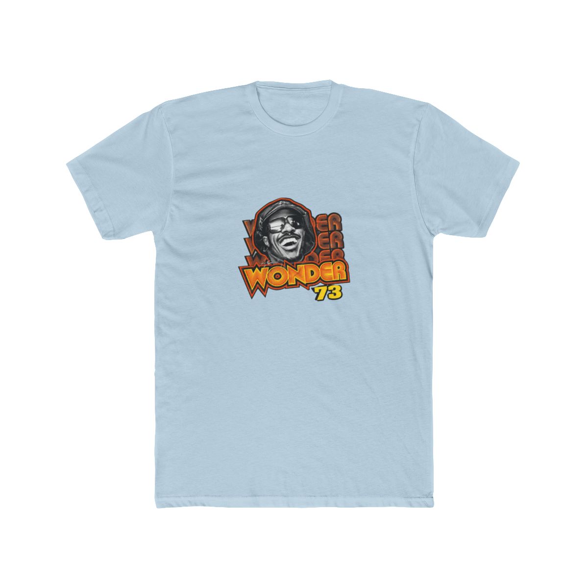 Black T Shirt featuring a graphic of Stevie Wonder wearing a black hat and sunglasses. The graphic is surrounded by the text "Stevie Wonder" in yellow and orange lettering with a star and the number... - alternate angle 3, merchandise