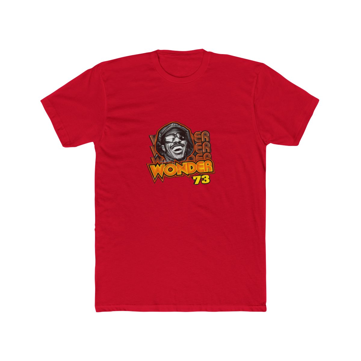 Black T Shirt featuring a graphic of Stevie Wonder wearing a black hat and sunglasses. The graphic is surrounded by the text "Stevie Wonder" in yellow and orange lettering with a star and the number...