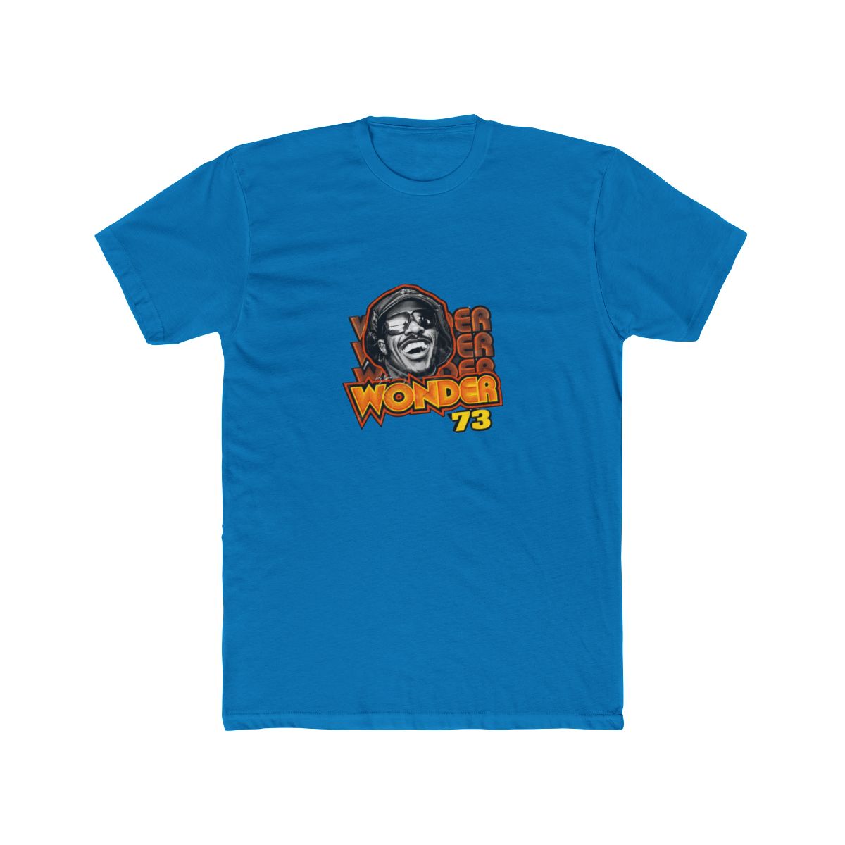Black T Shirt featuring a graphic of Stevie Wonder wearing a black hat and sunglasses. The graphic is surrounded by the text "Stevie Wonder" in yellow and orange lettering with a star and the number... - Official T-Shirts merchandise