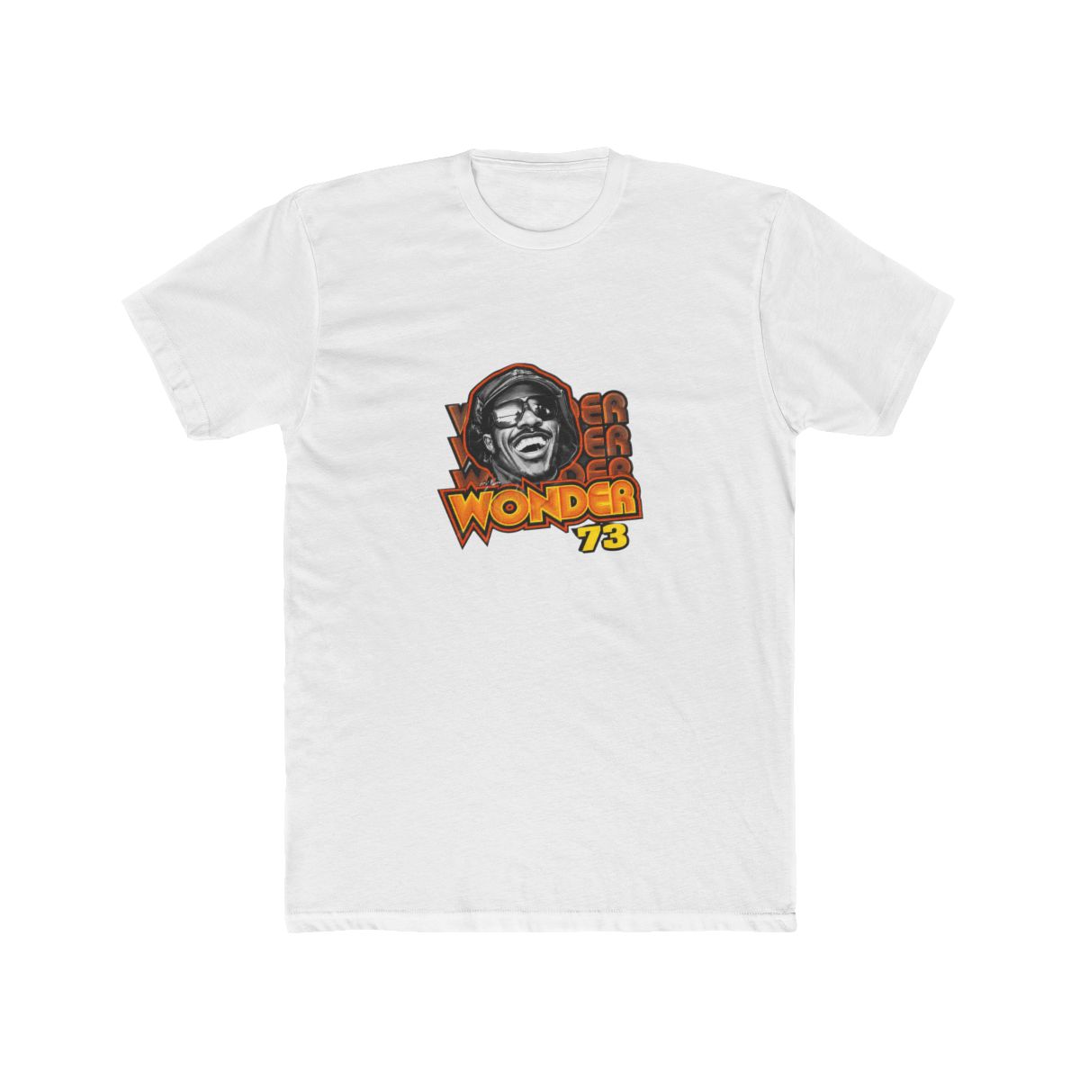 Black T Shirt featuring a graphic of Stevie Wonder wearing a black hat and sunglasses. The graphic is surrounded by the text "Stevie Wonder" in yellow and orange lettering with a star and the number... - alternate angle 4, merchandise